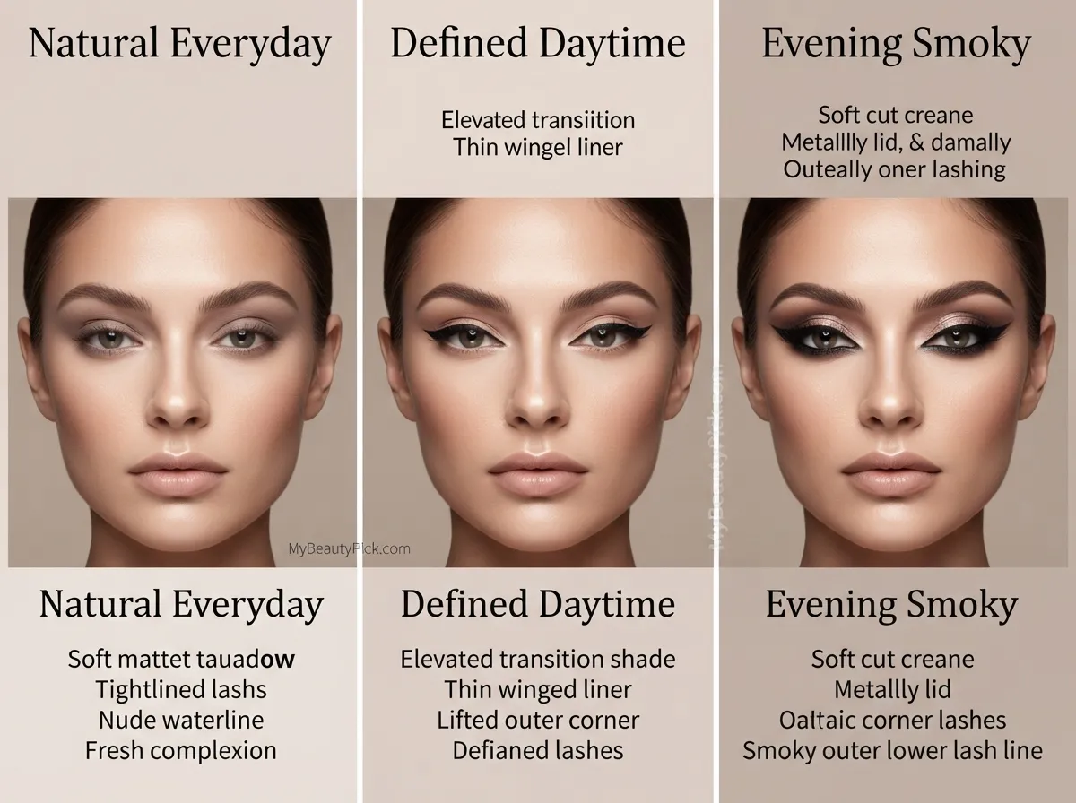 Hooded eye makeup looks: natural everyday, defined daytime, evening smoky
