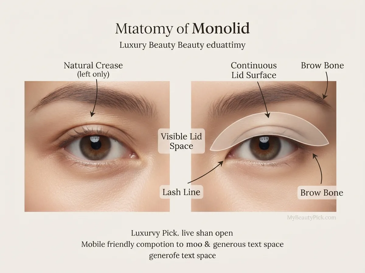 Makeup for Monolids: Eyeshadow Placement, Liner, and Lash Tricks That Actually Show 2 Anatomy of monolid eyes: natural crease, continuous lid surface, visible lid space, lash line, brow bone