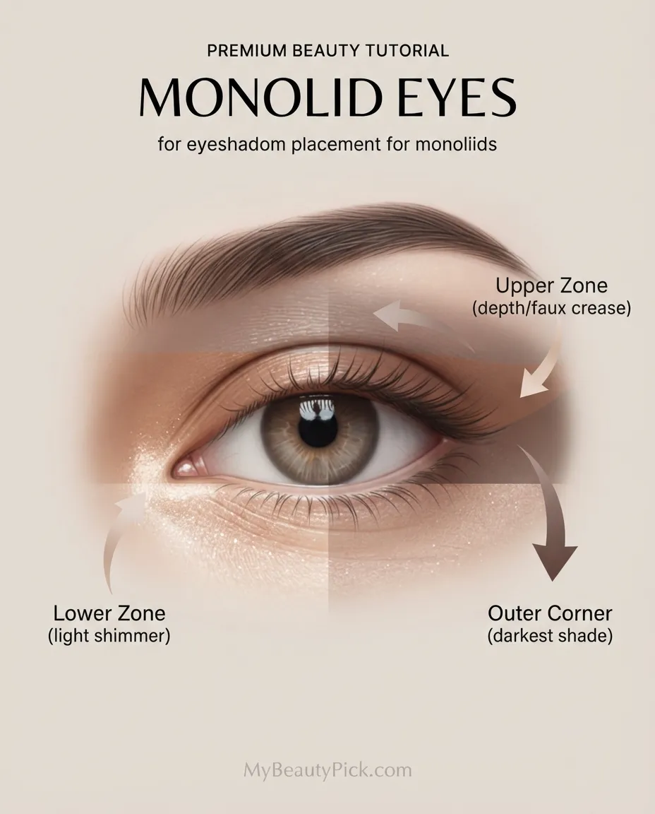 Makeup for Monolids: Eyeshadow Placement, Liner, and Lash Tricks That Actually Show 3 Eyeshadow placement zones for monolid eyes: upper zone, lower zone, outer corner