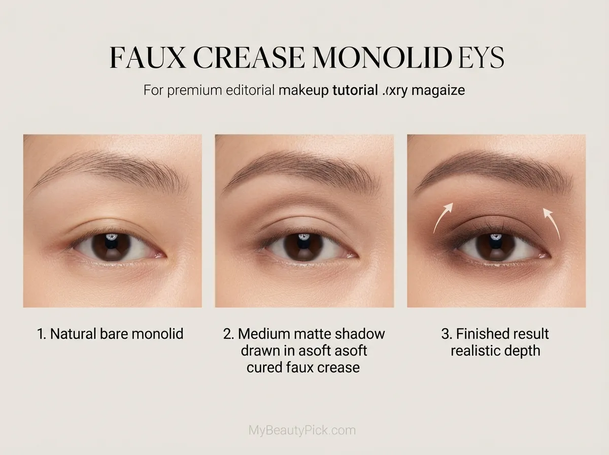 Makeup for Monolids: Eyeshadow Placement, Liner, and Lash Tricks That Actually Show 4 Faux crease technique for monolid eyes: natural bare lid, medium matte shadow, finished result
