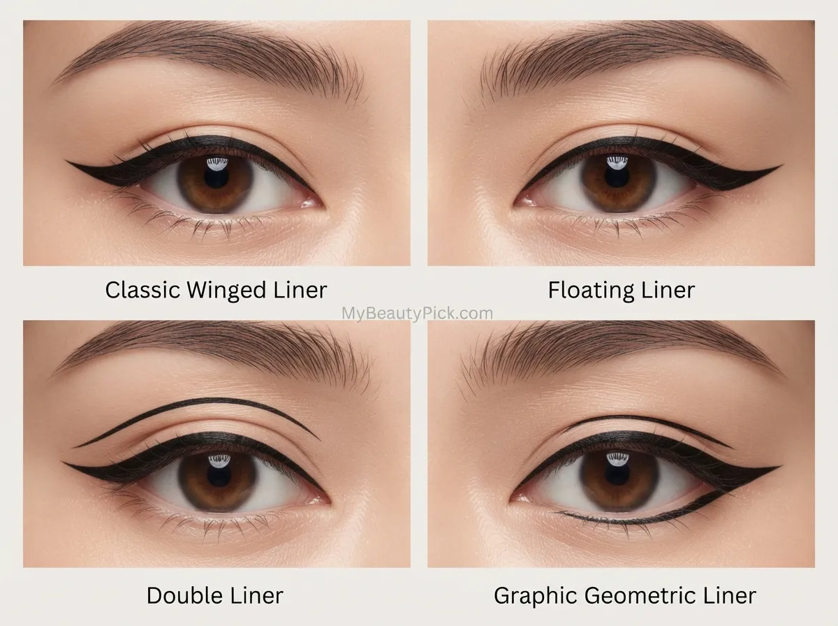 Makeup for Monolids: Eyeshadow Placement, Liner, and Lash Tricks That Actually Show 5 Eyeliner styles for monolid eyes: classic winged, floating, double, and graphic geometric liner