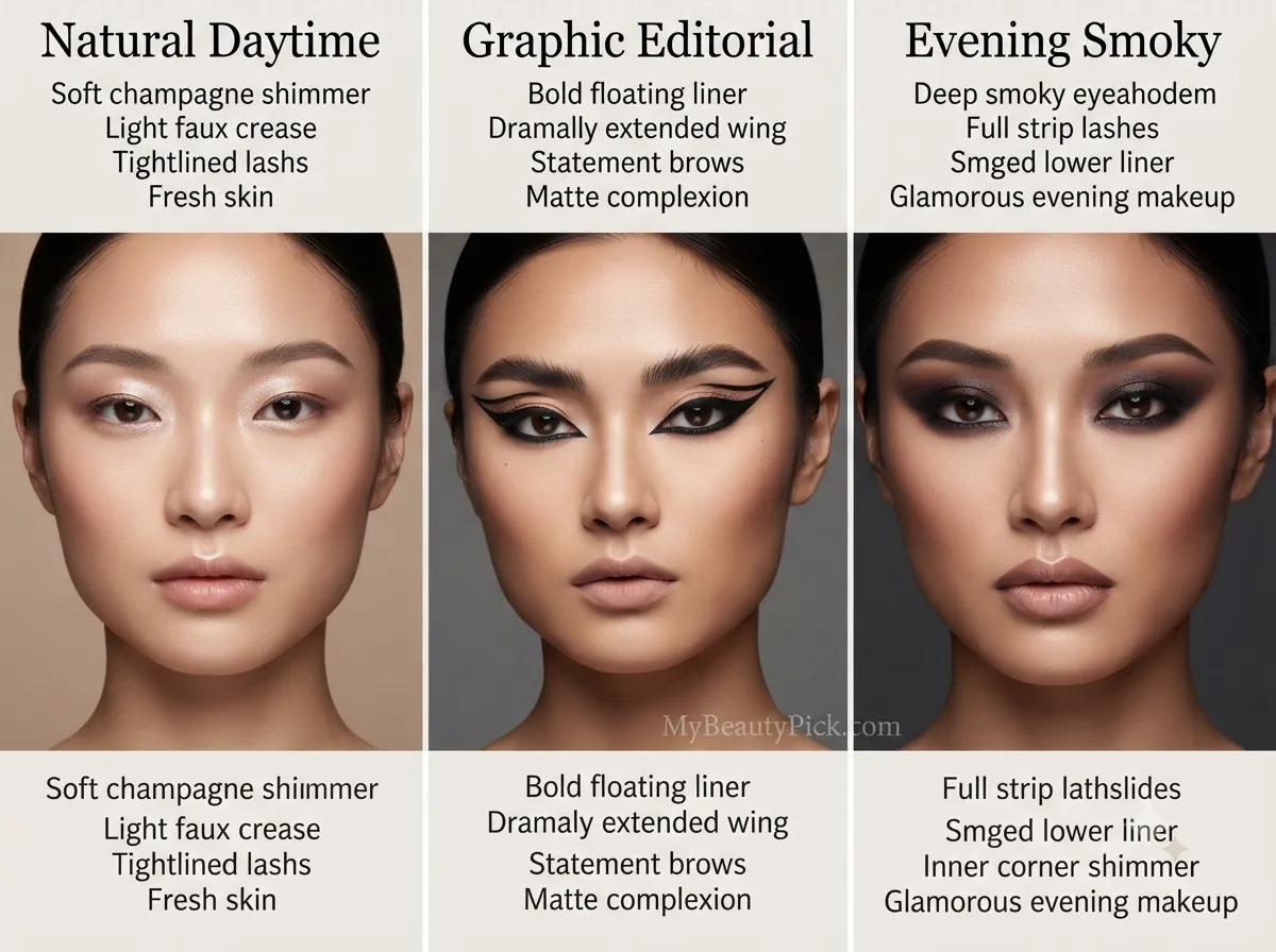 Makeup for Monolids: Eyeshadow Placement, Liner, and Lash Tricks That Actually Show 6 Three complete monolid makeup looks: natural daytime, graphic editorial, evening smoky