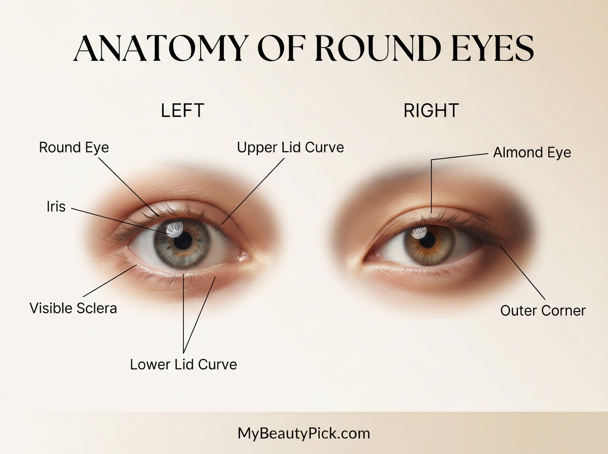 Makeup for Round Eyes: How to Elongate Without Harsh Lines 2 Anatomy of round eyes compared to almond eyes