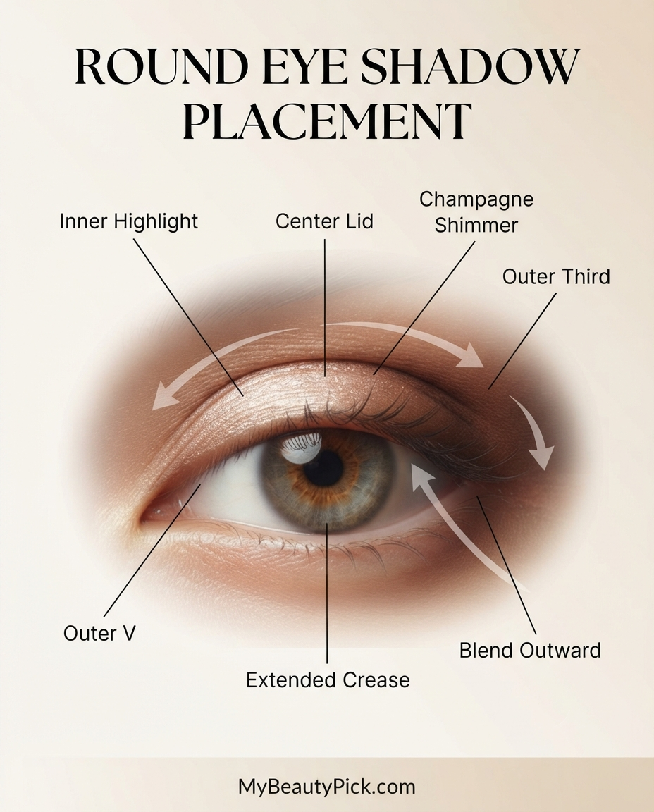 Makeup for Round Eyes: How to Elongate Without Harsh Lines 3 Round eye shadow placement: inner highlight, center lid, champagne shimmer, outer third, extended crease
