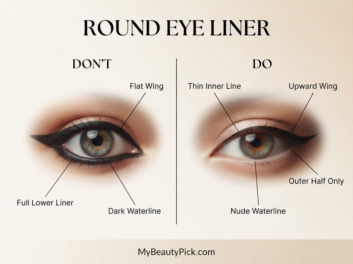 Makeup for Round Eyes: How to Elongate Without Harsh Lines 4 Round eye liner: don't versus do, thin inner line and upward wing