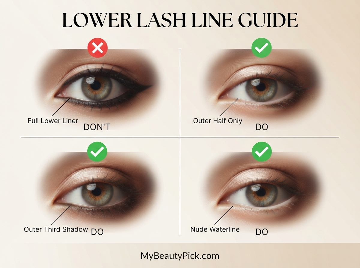 Makeup for Round Eyes: How to Elongate Without Harsh Lines 5 Lower lash line guide for round eyes: outer half only, outer third shadow, nude waterline