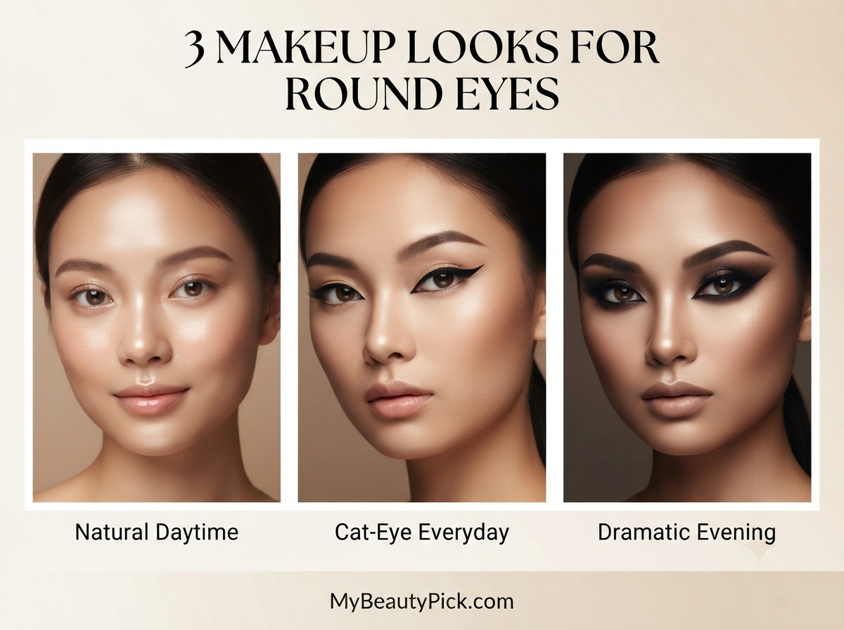 Makeup for Round Eyes: How to Elongate Without Harsh Lines 6 3 makeup looks for round eyes: natural daytime, cat-eye everyday, dramatic evening