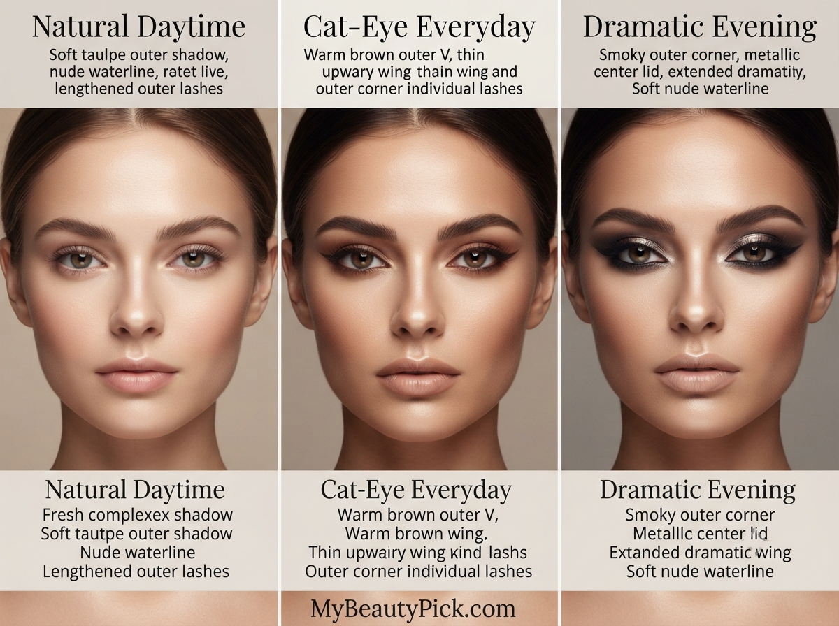 Makeup for Round Eyes: How to Elongate Without Harsh Lines 7 Detailed breakdown of natural daytime, cat-eye everyday, and dramatic evening looks for round eyes