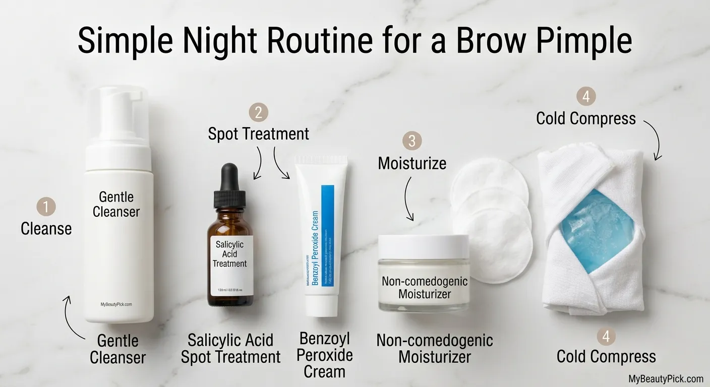 Pimple Between Eyebrows Meaning: Causes, Treatment, and When to Worry 6 Simple overnight skincare routine for a pimple between the eyebrows: cleanse, spot treatment, moisturize, cold compress