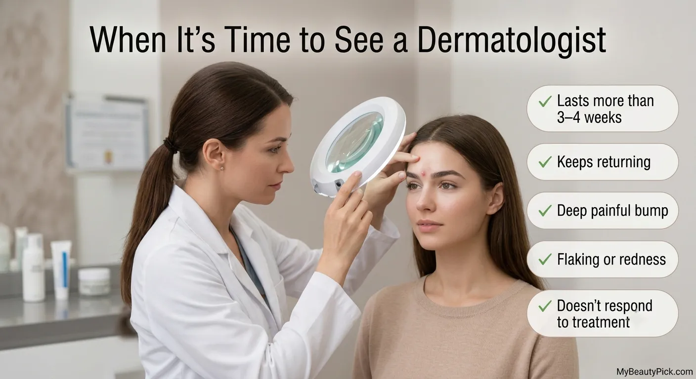 Pimple Between Eyebrows Meaning: Causes, Treatment, and When to Worry 7 Dermatologist examining a patient to decide when it's time to see a doctor about a persistent pimple between the eyebrows
