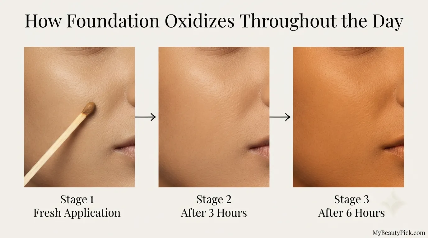 How foundation oxidizes throughout the day: fresh application, after 3 hours, after 6 hours