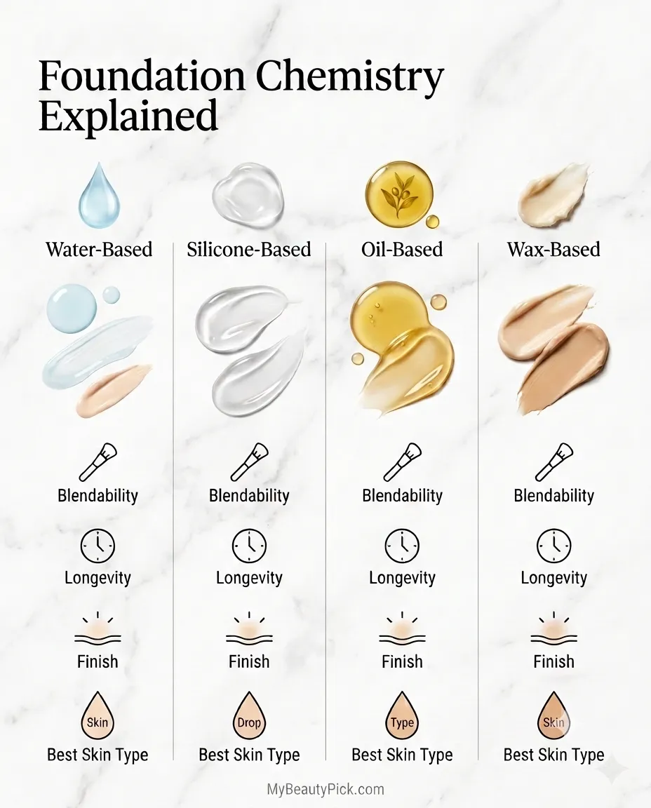 Foundation chemistry explained: water-based, silicone-based, oil-based, and wax-based formulas compared
