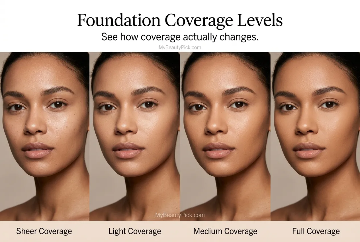 Foundation coverage levels compared: sheer, light, medium, and full coverage