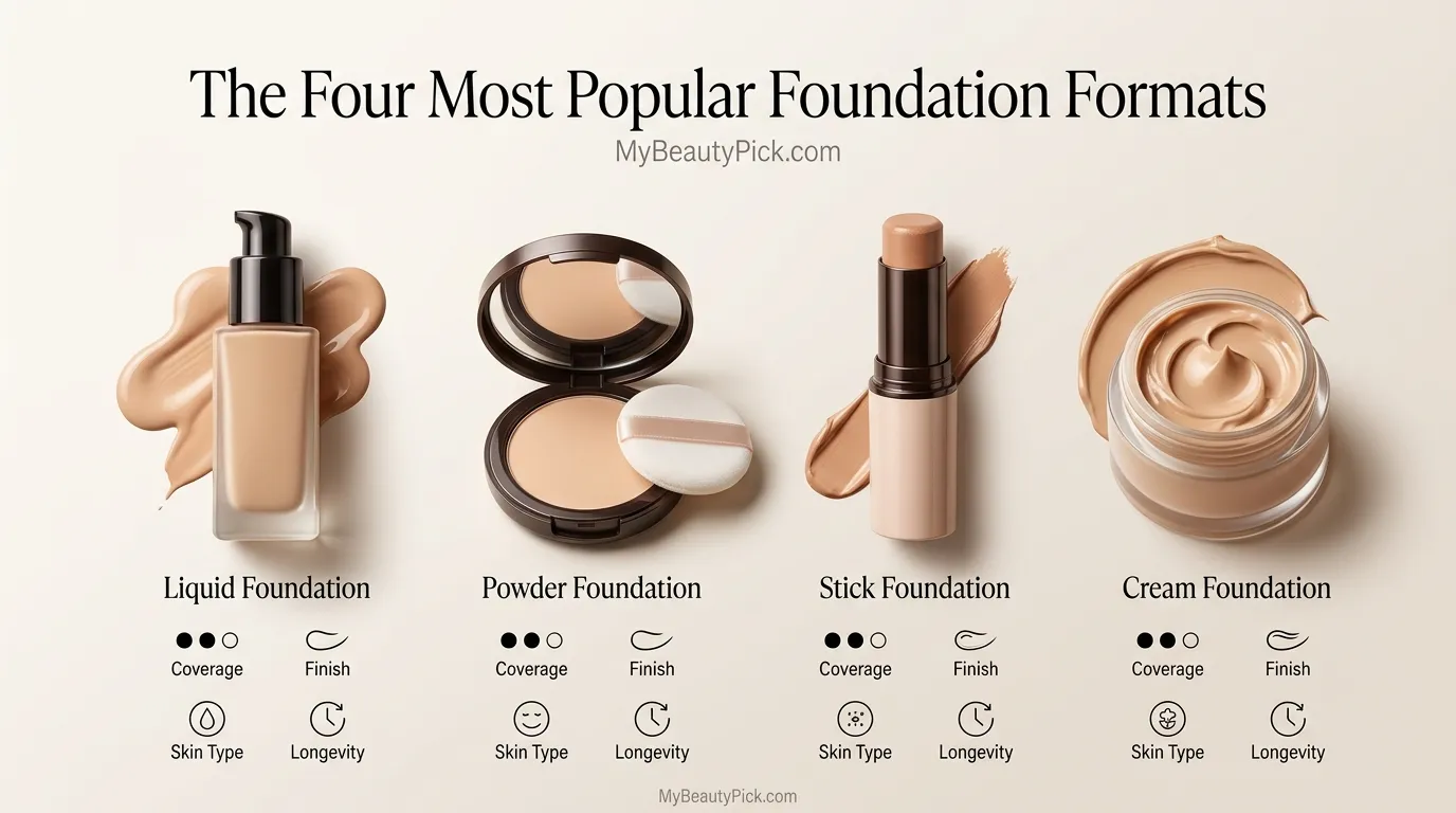 The four most popular foundation formats: liquid, powder, stick, and cream