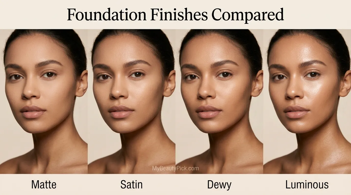 Foundation finishes compared: matte, satin, dewy, and luminous