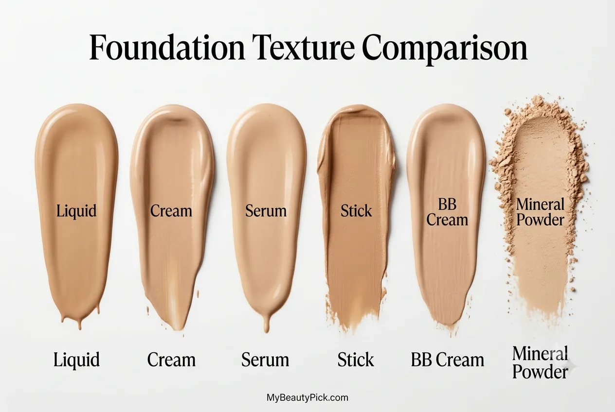 Foundation texture comparison: liquid, cream, serum, stick, BB cream, and mineral powder