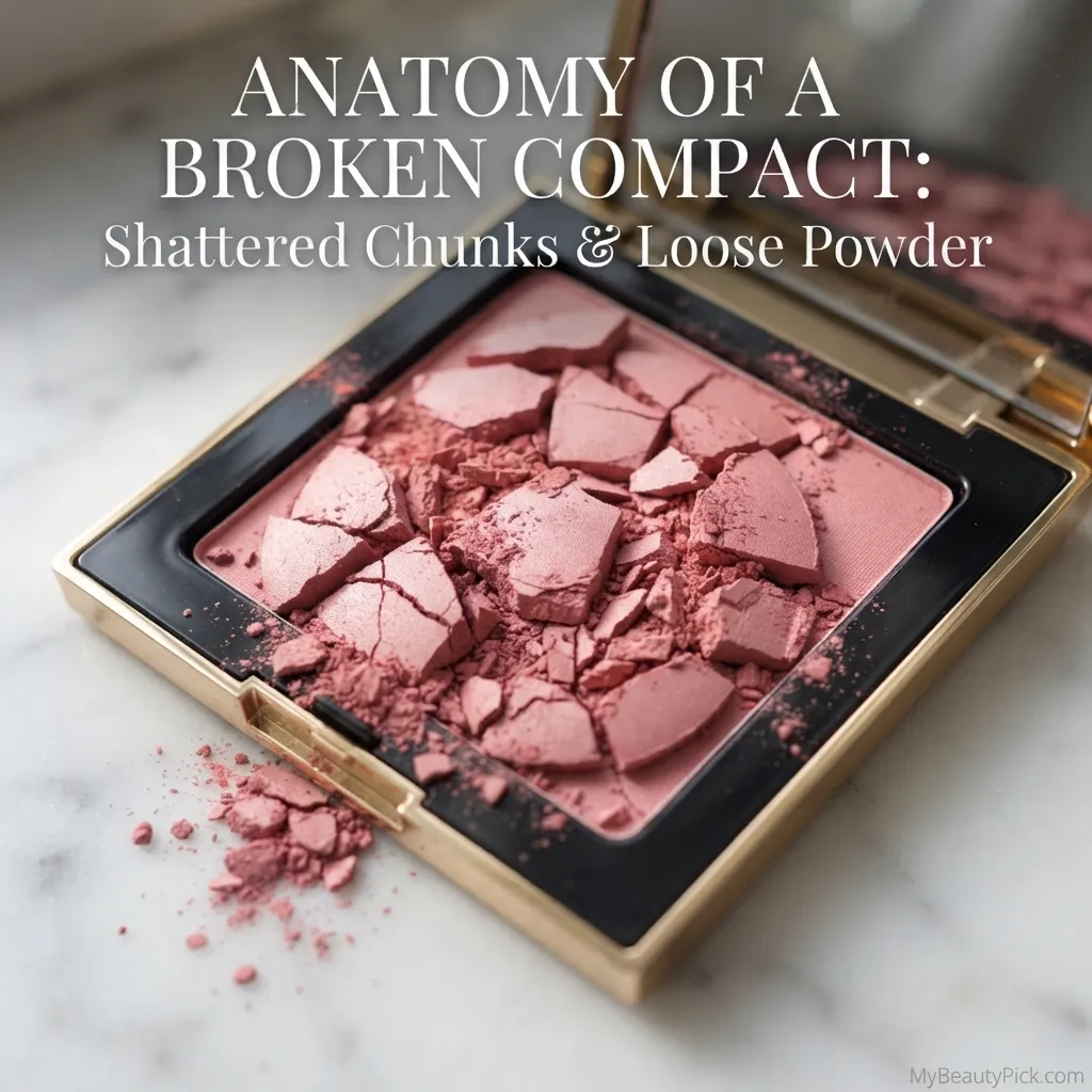 Anatomy of a broken blush compact — shattered chunks and loose powder