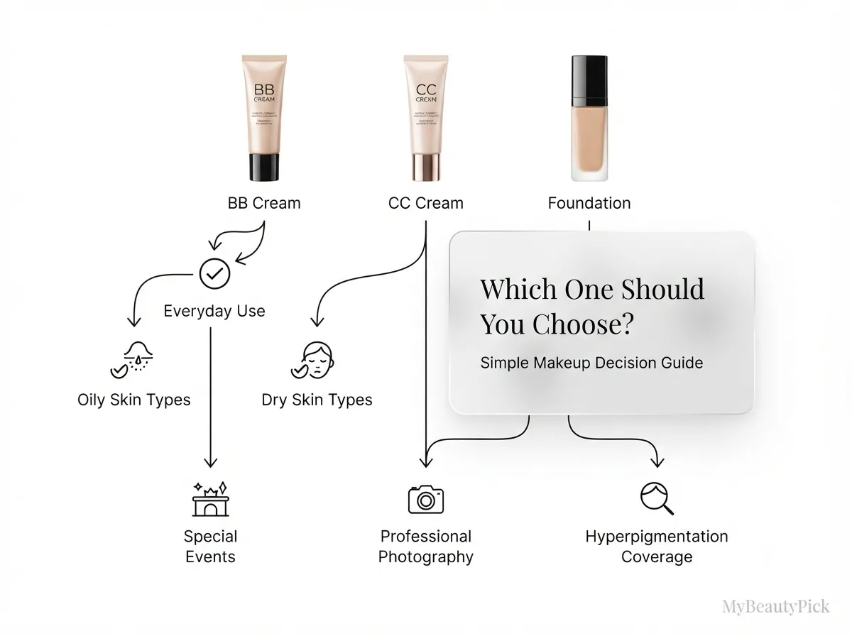 BB cream vs CC cream vs foundation decision guide — which one to choose for everyday use, dry skin, photography or full coverage