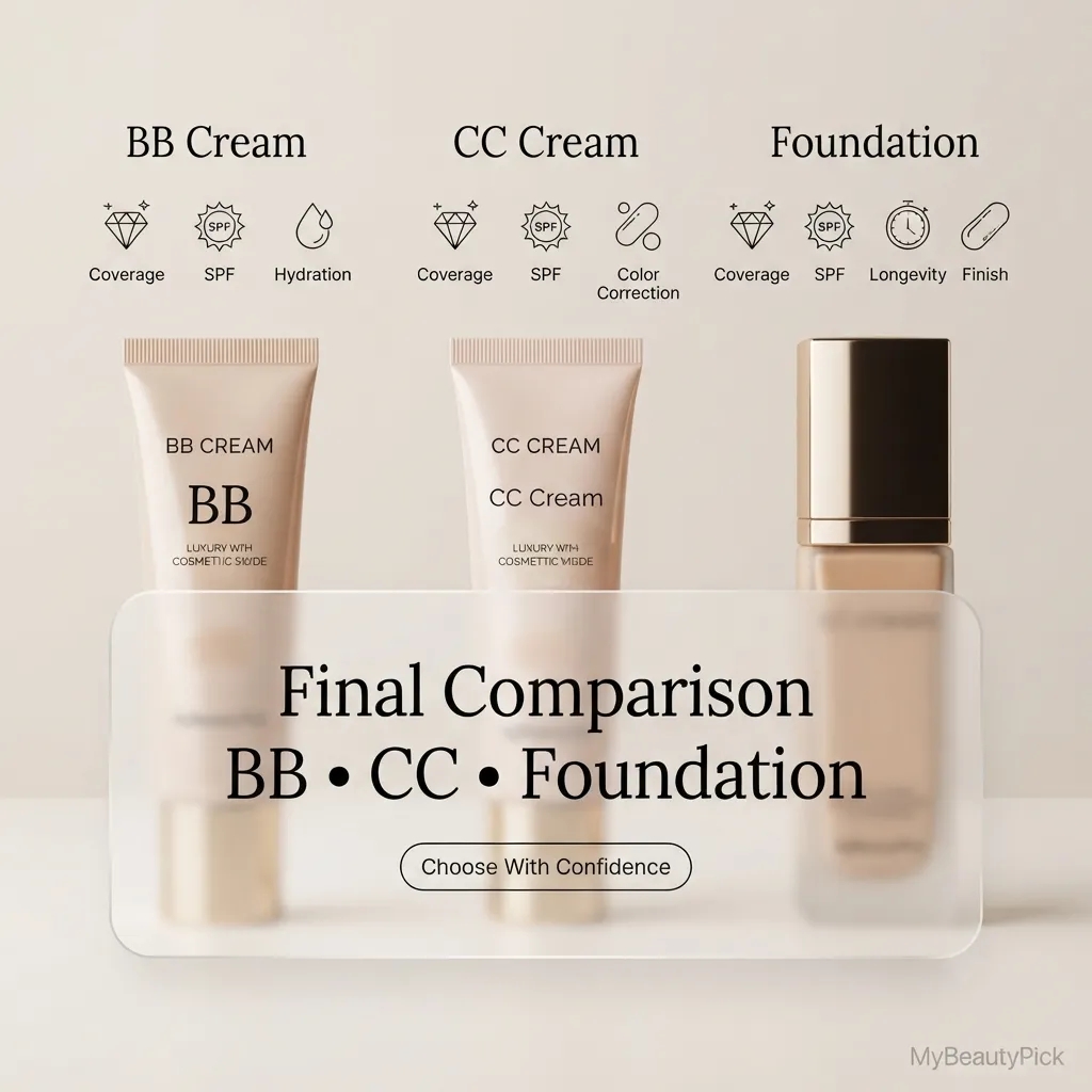 Final comparison of BB cream, CC cream and foundation — coverage, SPF, hydration, colour correction and longevity
