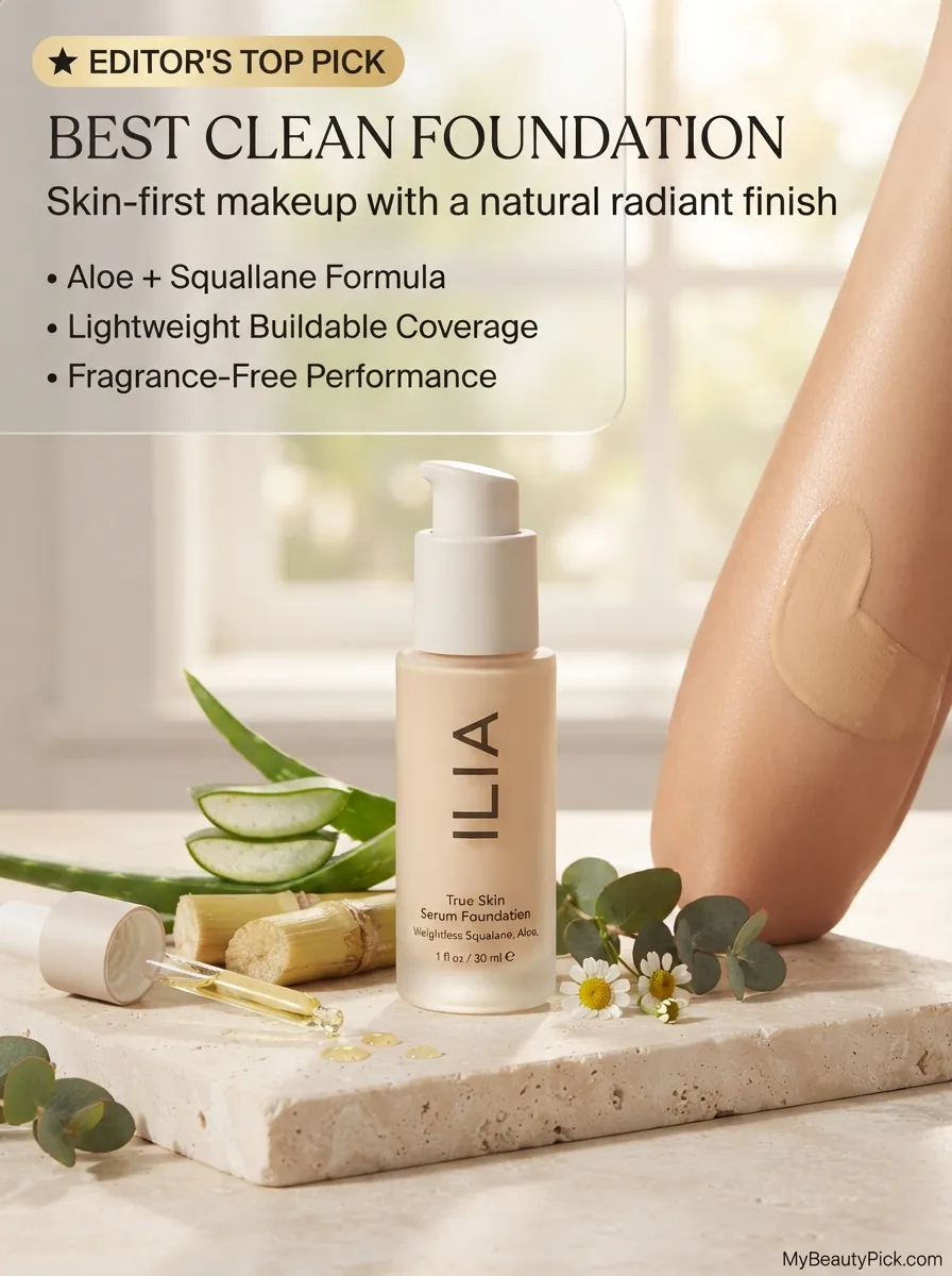 Best clean foundation editor's pick — ILIA True Skin Serum Foundation with aloe and squalane, lightweight buildable coverage