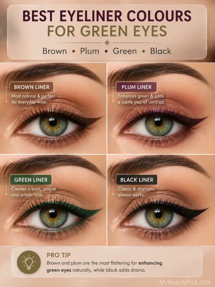 Best Eye Makeup for Green Eyes: Colours, Techniques, and What to Avoid 6 Best eyeliner colours for green eyes: brown, plum, green, and black liner