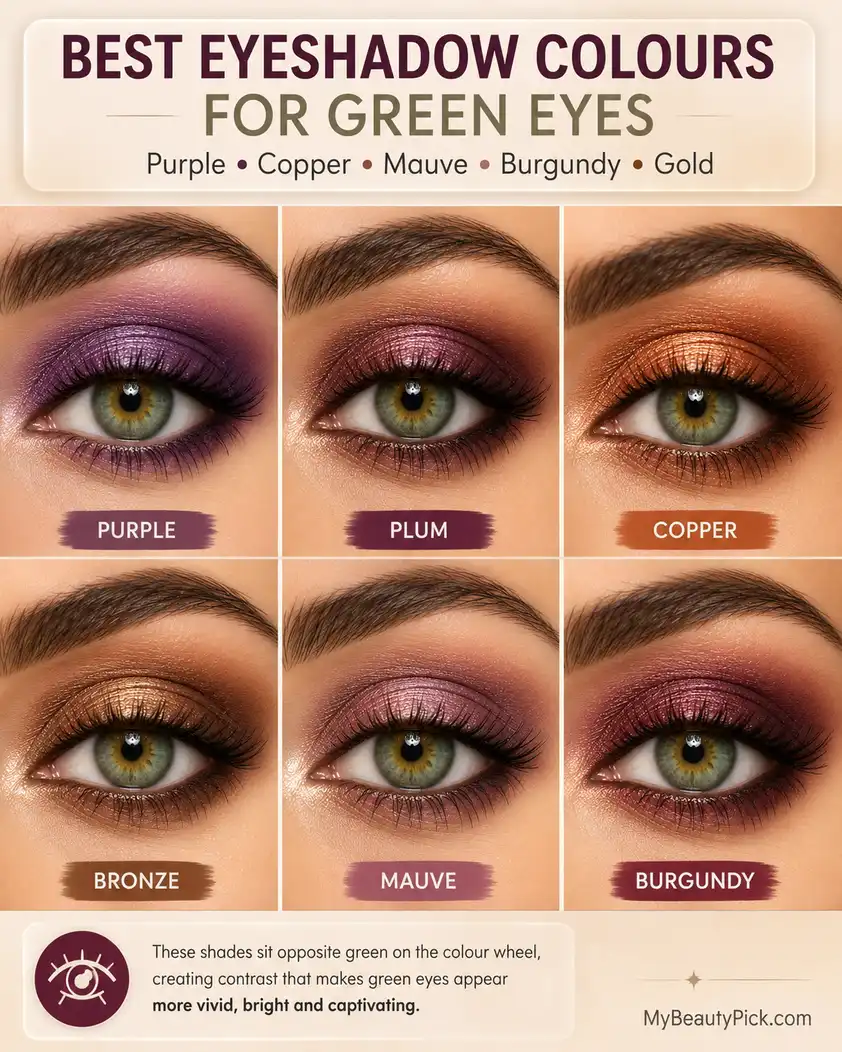 Best Eye Makeup for Green Eyes: Colours, Techniques, and What to Avoid 3 Best eyeshadow shades for green eyes: purple, plum, copper, bronze, mauve, burgundy