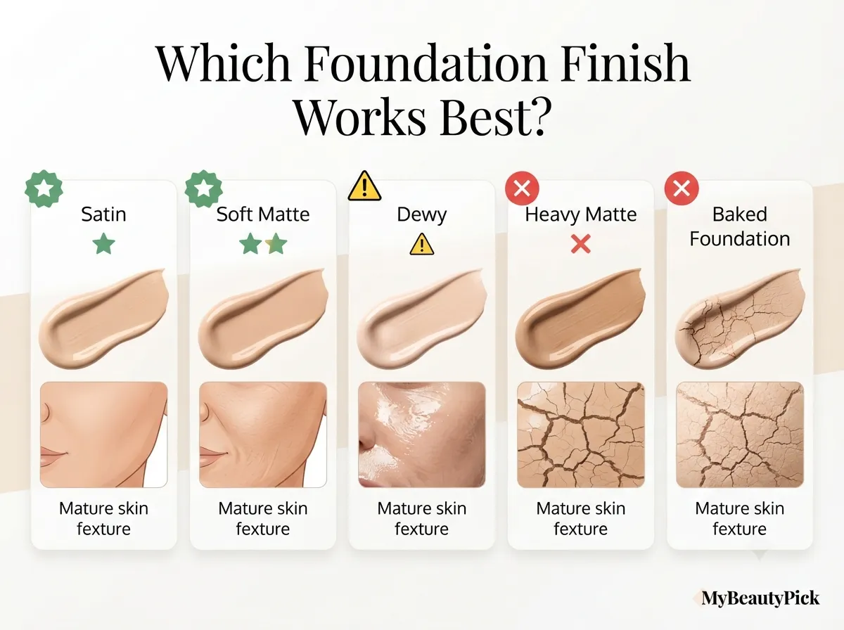 Which foundation finish works best on mature skin — satin and soft matte best, heavy matte and baked foundation to avoid
