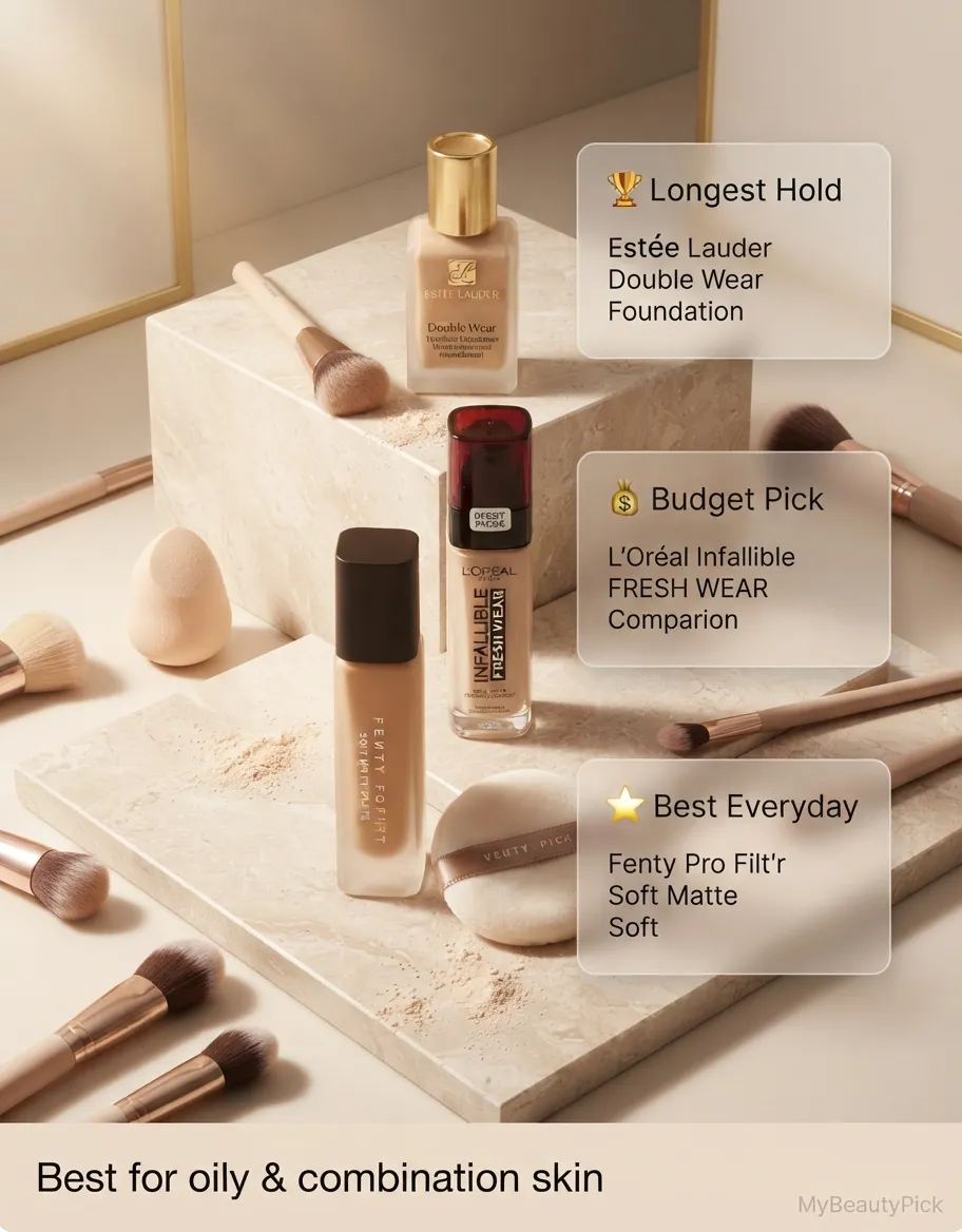 24-Hour Foundation: The Best Long-Wear Formulas Tested 3 Best long-wear foundations — Estee Lauder Double Wear, L’Oreal Infallible Fresh Wear budget pick, Fenty soft matte for everyday