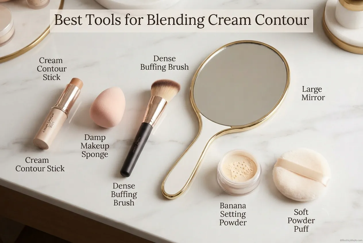 Best Contour Sticks for Mature Skin: Sculpting Without Settling Into Lines 7 Best tools for blending cream contour — damp makeup sponge, dense buffing brush, banana setting powder and mirror