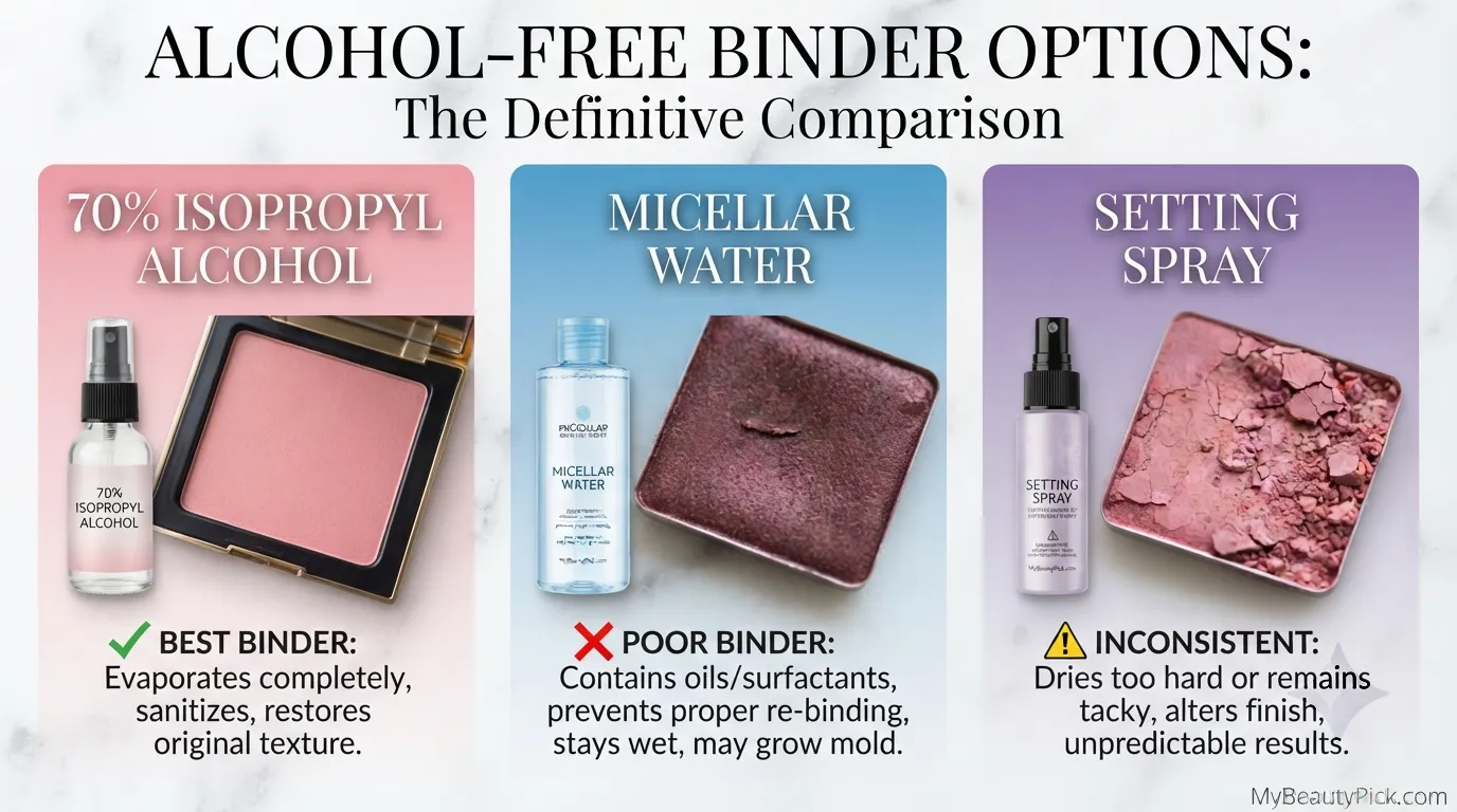 Blush binder options compared — 70% isopropyl alcohol is the best binder, micellar water is poor, setting spray is inconsistent