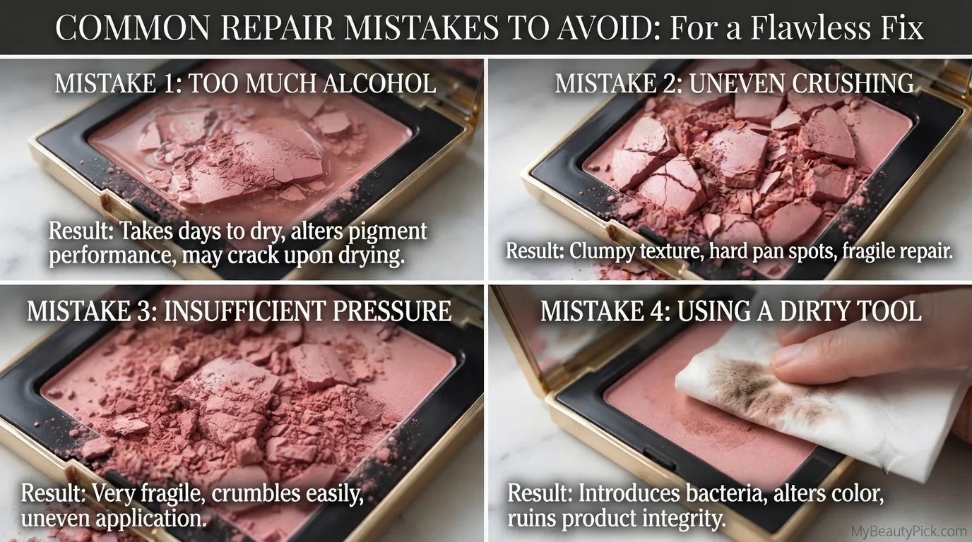 Common blush repair mistakes — too much alcohol, uneven crushing, insufficient pressure and using a dirty tool