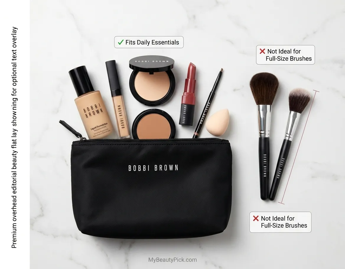 Bobbi Brown Makeup Bag Guide: What's Actually Sold vs Gift-Only 3 Bobbi Brown makeup bag capacity — fits daily essentials like foundation, concealer, powder and lipstick but not full-size brushes