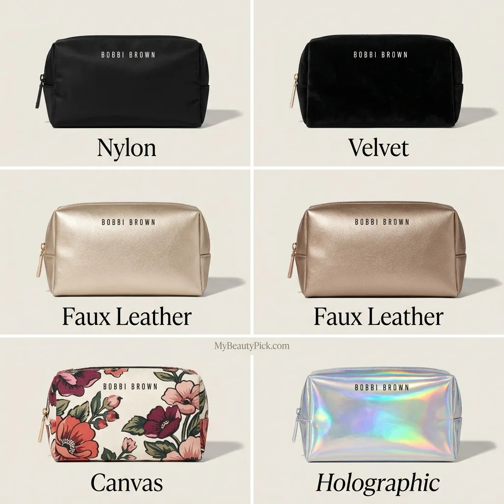Bobbi Brown Makeup Bag Guide: What's Actually Sold vs Gift-Only 2 Bobbi Brown makeup bag materials — nylon, velvet, faux leather, canvas and holographic finishes