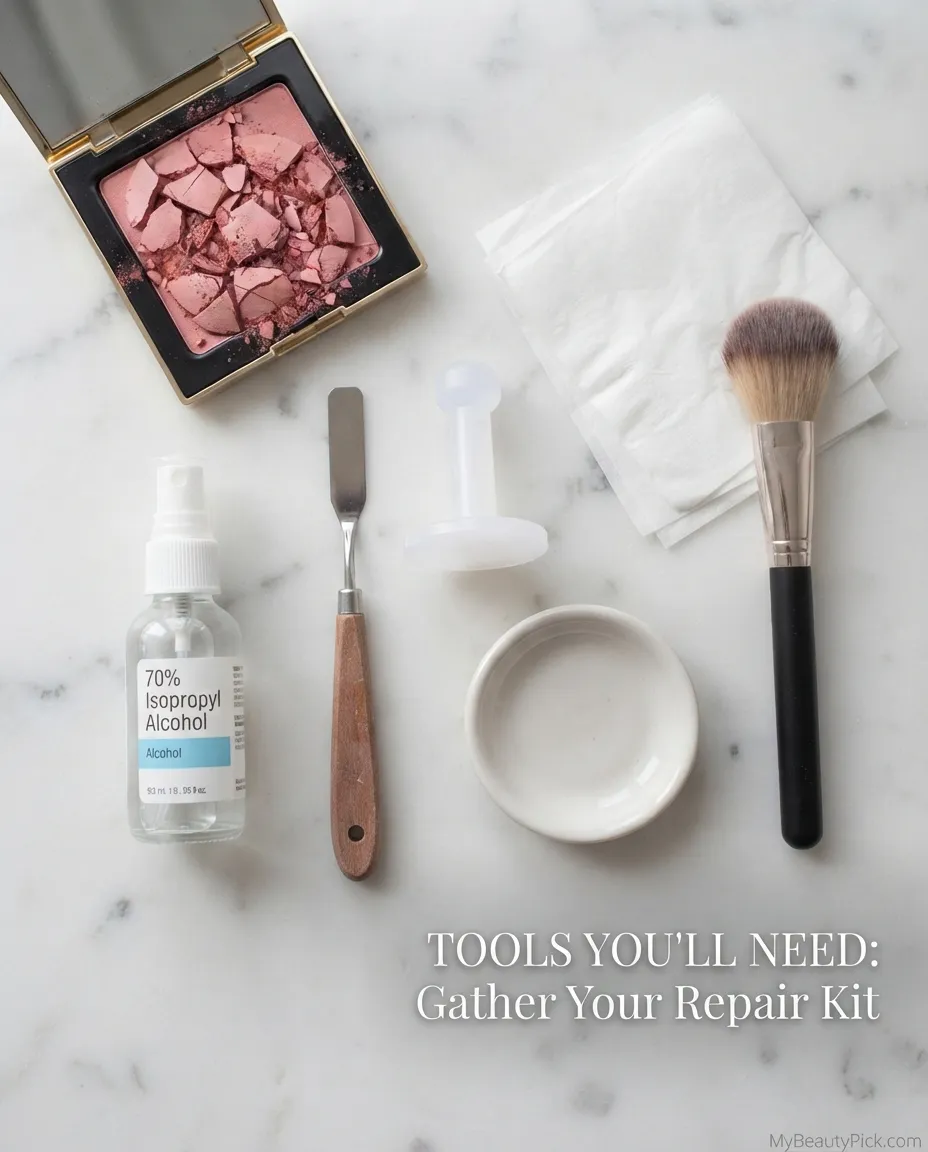 Tools for repairing broken blush — 70% isopropyl alcohol, spatula, pressing tool, tissue, dish and powder brush