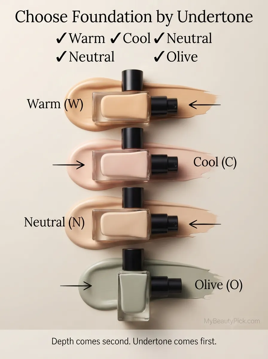 Choose foundation by undertone — warm (W), cool (C), neutral (N) and olive (O) foundation swatches; undertone comes first, depth second