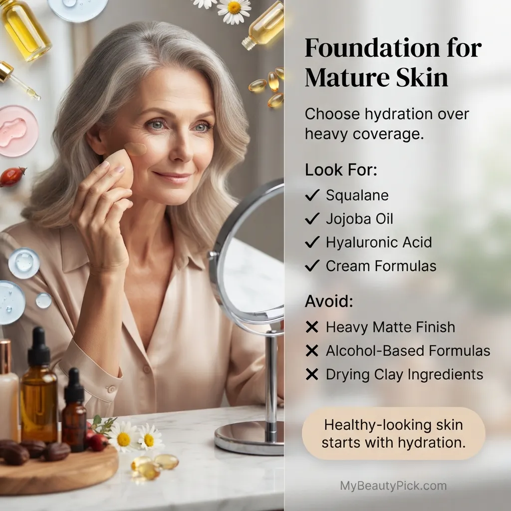 Clean foundation for mature skin — look for squalane, jojoba oil, hyaluronic acid and cream formulas; avoid heavy matte and alcohol-based formulas