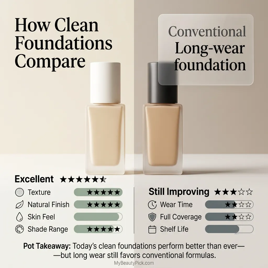 How clean foundations compare with conventional long-wear formulas — texture, natural finish and shade range vs wear time and full coverage