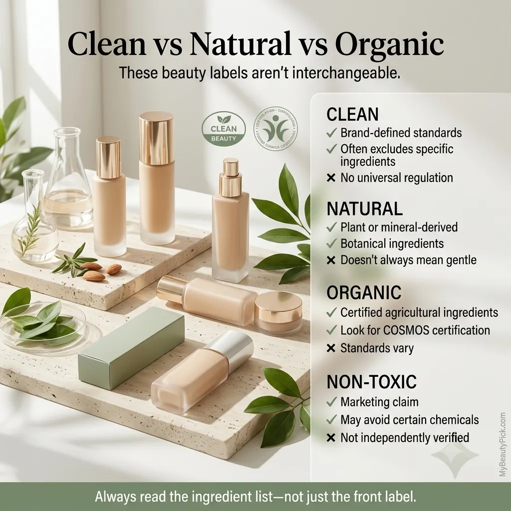 Clean vs natural vs organic vs non-toxic beauty labels — what each label actually means and why they are not interchangeable