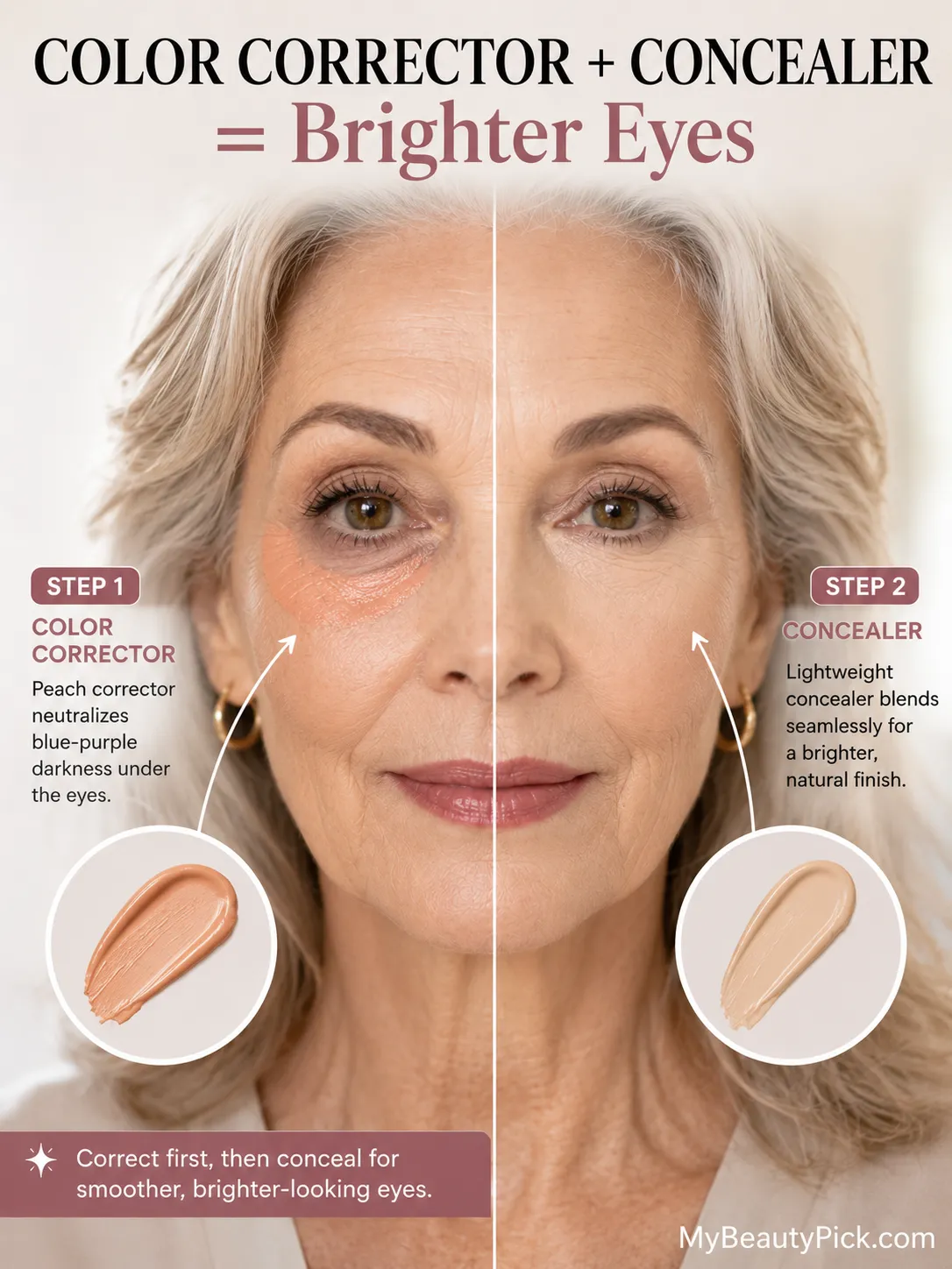 Best drugstore makeup for over 60 5 Color corrector plus concealer for brighter eyes over 60 — peach corrector neutralizes darkness, then lightweight concealer blends