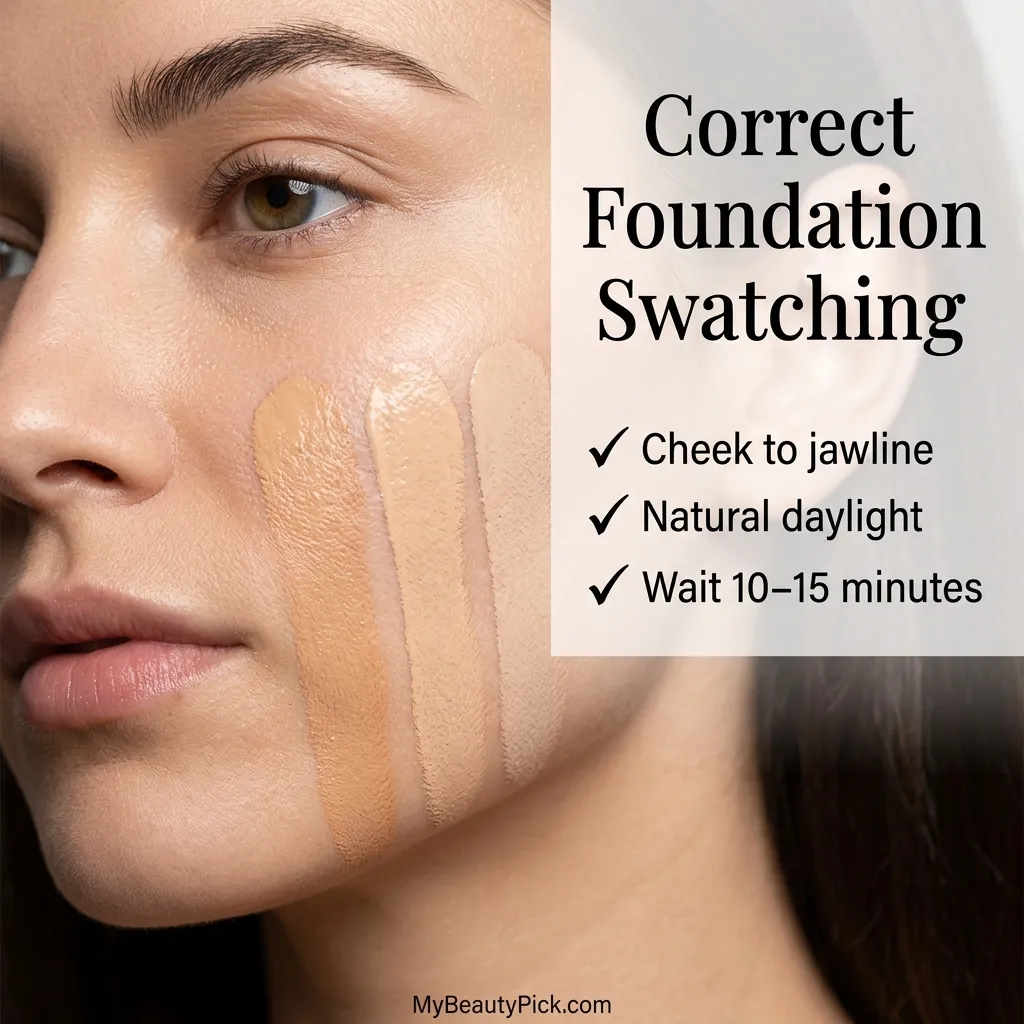 Correct foundation swatching — cheek to jawline, natural daylight, wait 10 to 15 minutes