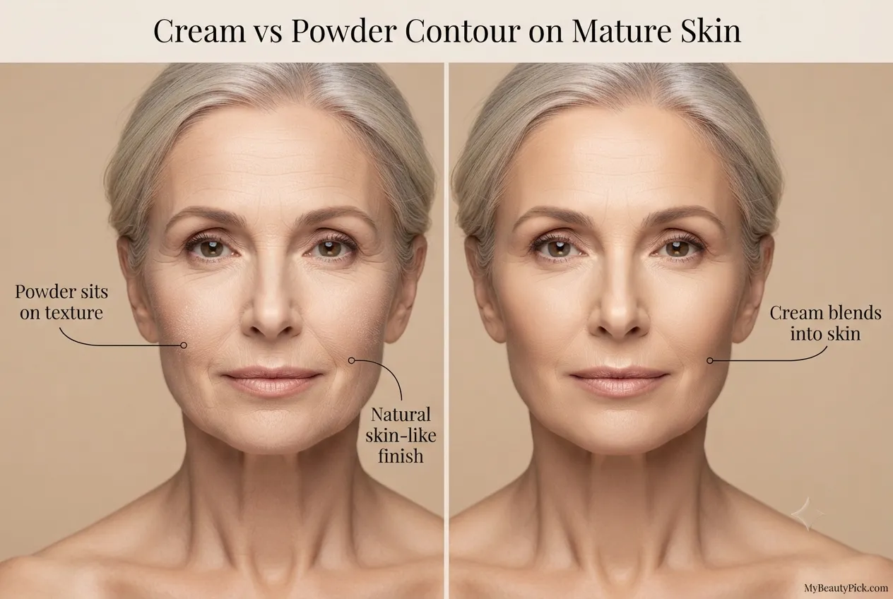 Best Contour Sticks for Mature Skin: Sculpting Without Settling Into Lines 2 Cream vs powder contour comparison on mature skin — powder sits on texture while cream blends into skin