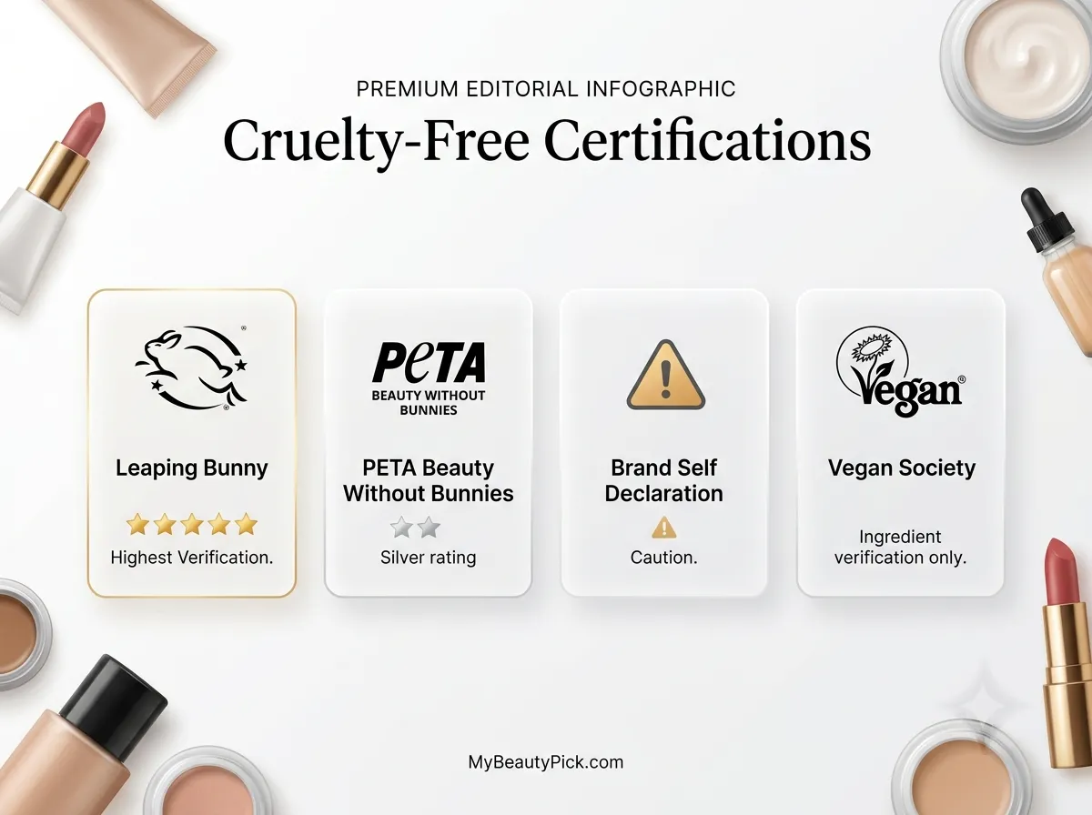 Cruelty-free certifications compared — Leaping Bunny highest verification, PETA Beauty Without Bunnies, brand self declaration caution, Vegan Society