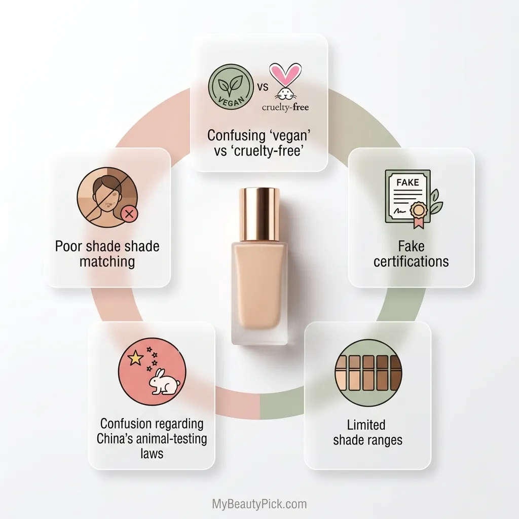 Cruelty-free and vegan foundation challenges — confusing labels, fake certifications, limited shade ranges, poor shade matching and China animal-testing law confusion