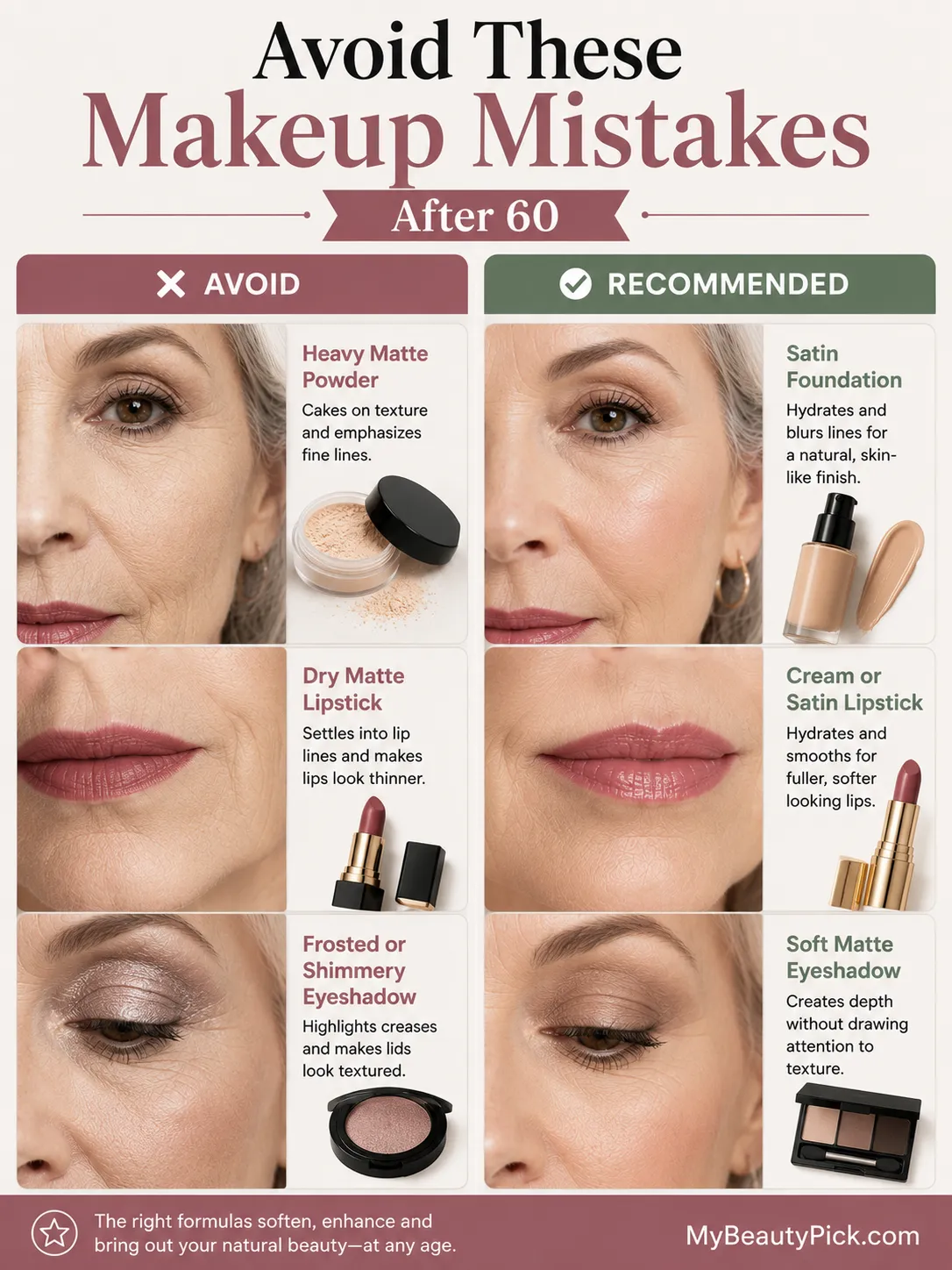 Best drugstore makeup for over 60 6 Drugstore makeup mistakes to avoid after 60 — swap heavy matte powder, dry matte lipstick and shimmery shadow for satin formulas