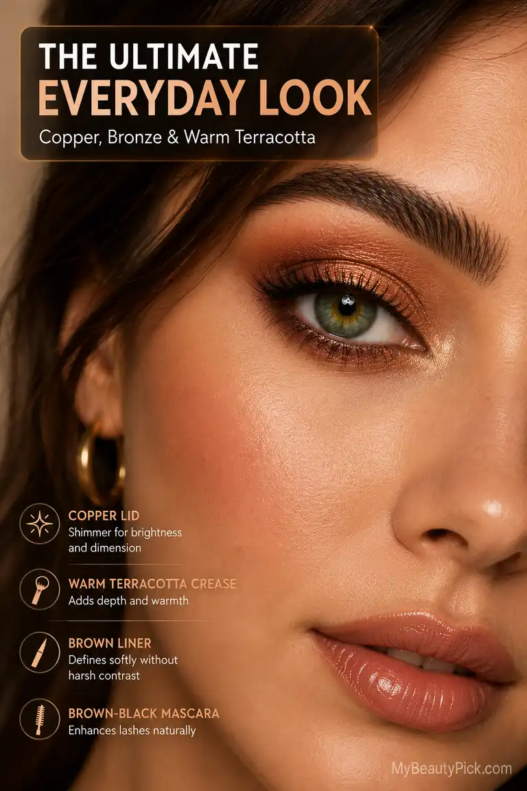 Best Eye Makeup for Green Eyes: Colours, Techniques, and What to Avoid 7 Everyday eye makeup tutorial with copper, bronze and warm terracotta tones
