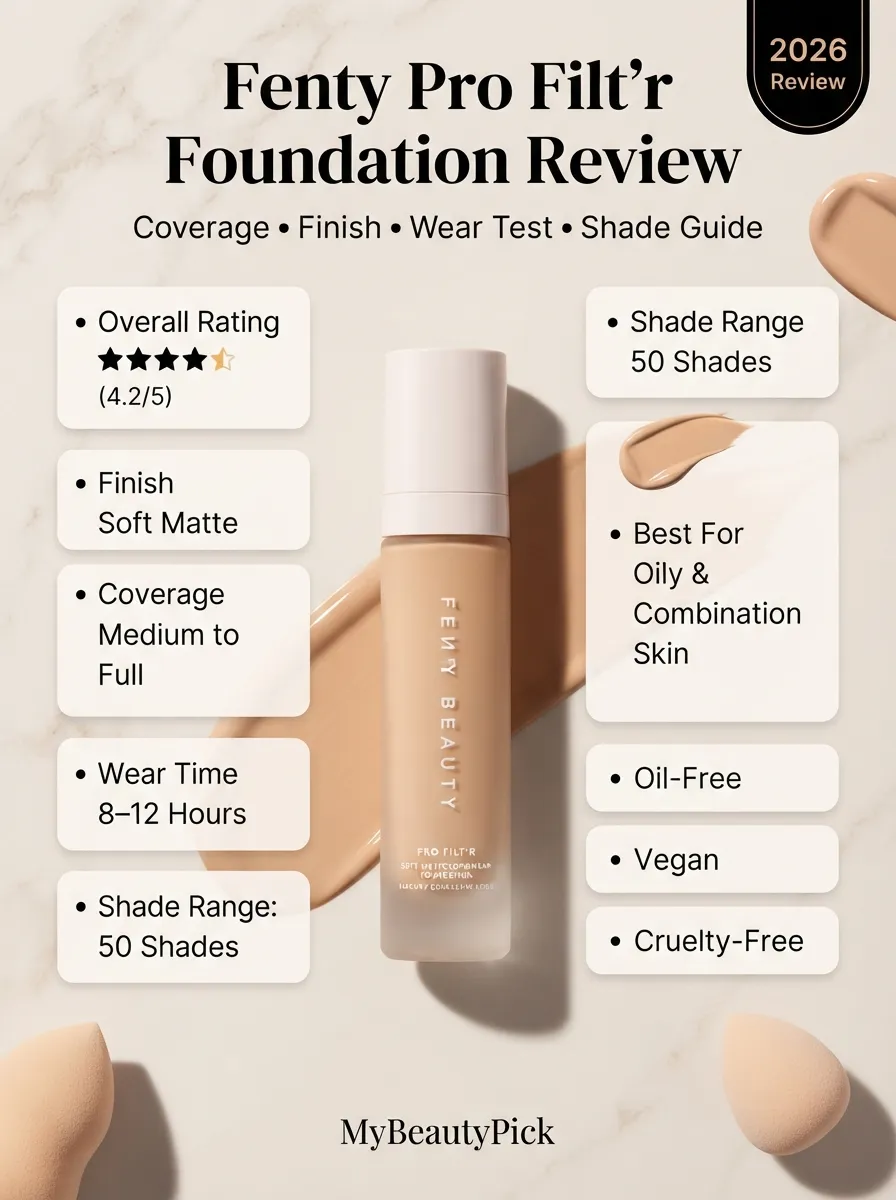 Fenty Beauty Pro Filt'r Foundation review: worth the hype? 2 Fenty Pro Filt’r foundation review overview — 4.2 of 5 rating, soft matte finish, medium to full coverage, 8–12 hour wear, 50 shades