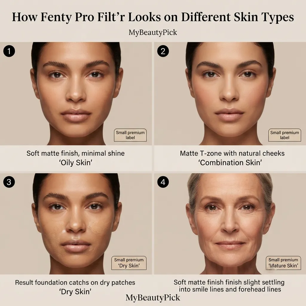 Fenty Beauty Pro Filt'r Foundation review: worth the hype? 3 How Fenty Pro Filt’r looks on different skin types — soft matte on oily and combination, catches on dry patches, slight settling on mature skin