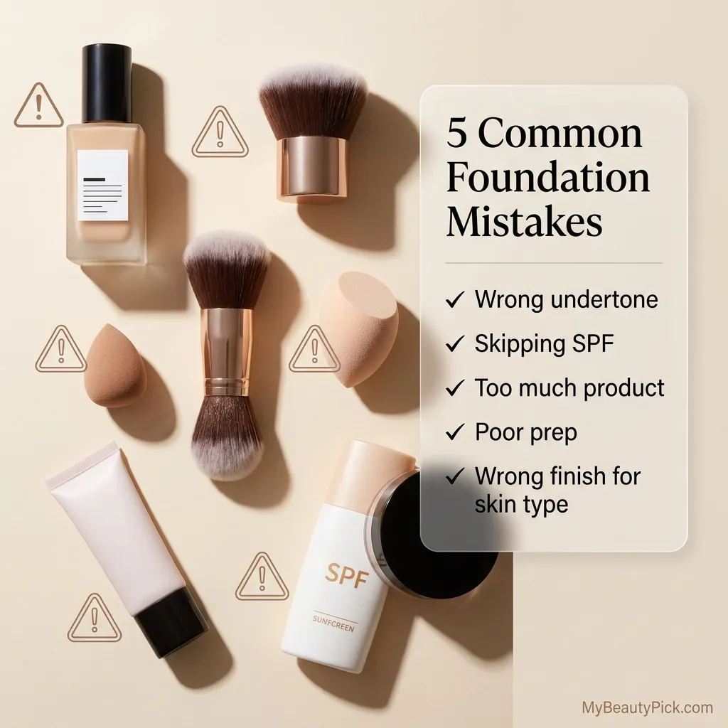 Five common foundation mistakes — wrong undertone, skipping SPF, too much product, poor prep and wrong finish for skin type