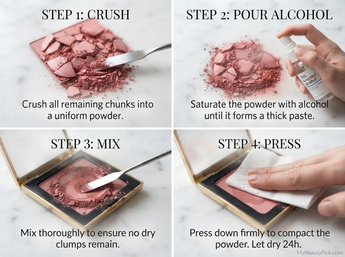 Four steps to fix broken blush — crush the chunks, pour alcohol, mix into a paste, press and let dry 24 hours