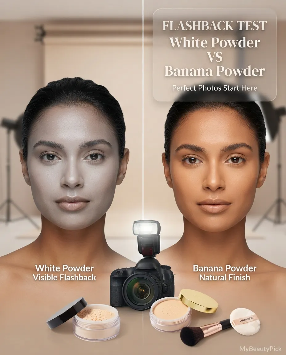 Flashback test — white translucent powder causes visible flashback on tan skin while banana powder gives a natural finish